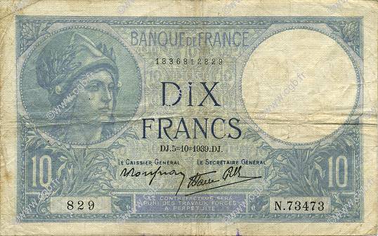 10 Francs MINERVE modifié FRANCE  1939 F.07.10 F