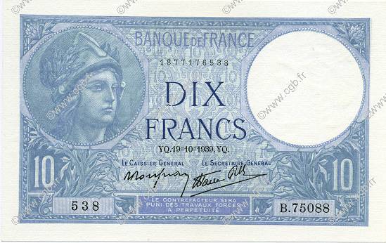 10 Francs MINERVE modifié FRANCE  1939 F.07.12 AU+