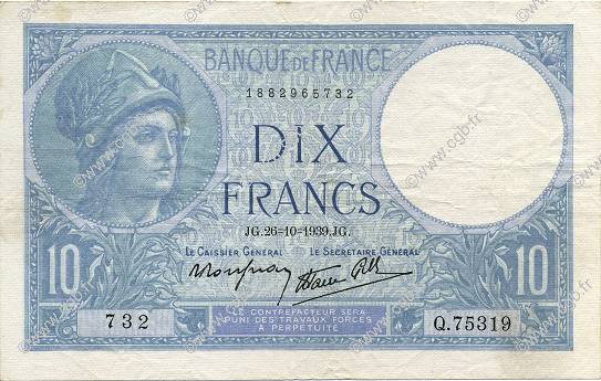 10 Francs MINERVE modifié FRANCIA  1939 F.07.13 BB