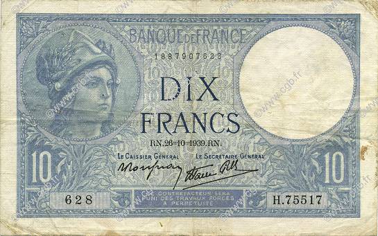 10 Francs MINERVE modifié FRANCE  1939 F.07.13 F+