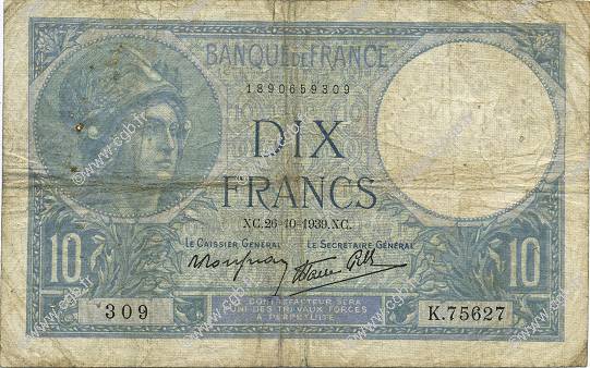 10 Francs MINERVE modifié FRANCE  1939 F.07.13 VG