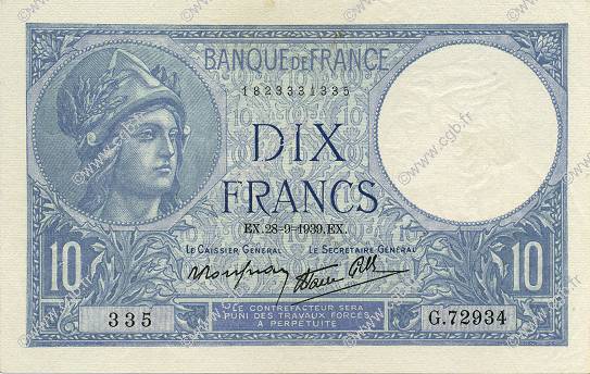 10 Francs MINERVE modifié FRANCE  1939 F.07.09 XF+