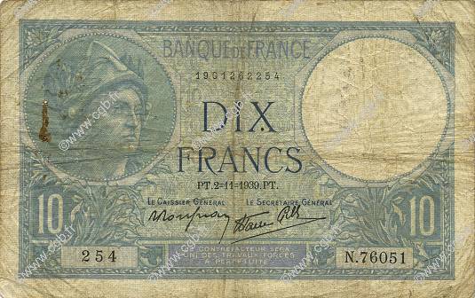 10 Francs MINERVE modifié FRANCE  1939 F.07.14 G
