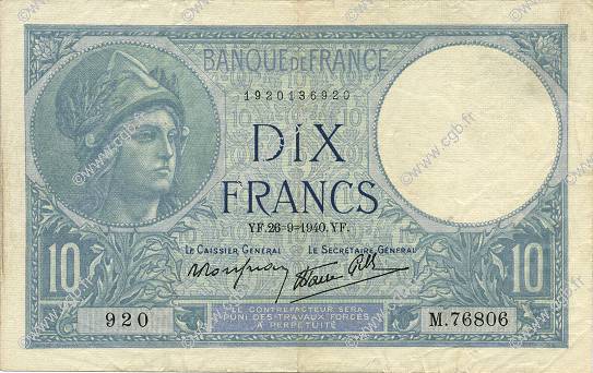 10 Francs MINERVE modifié FRANCE  1940 F.07.15 VF+