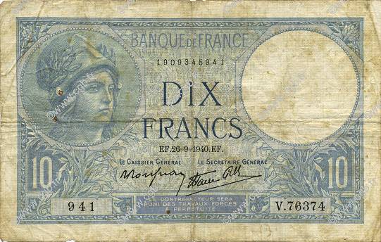 10 Francs MINERVE modifié FRANCIA  1940 F.07.15 q.MB