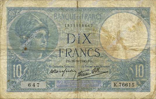 10 Francs MINERVE modifié FRANCIA  1940 F.07.15 B