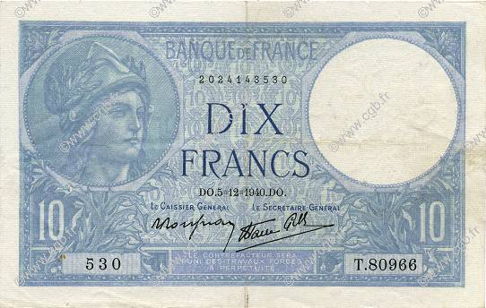 10 Francs MINERVE modifié FRANCE  1940 F.07.23 VF+