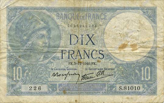 10 Francs MINERVE modifié FRANCIA  1940 F.07.23 B
