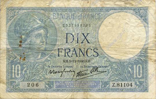 10 Francs MINERVE modifié FRANKREICH  1940 F.07.23 fS