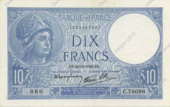 10 Francs MINERVE modifié FRANKREICH  1940 F.07.18 fST