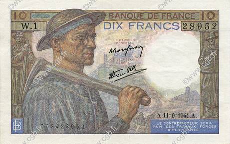 10 Francs MINEUR FRANCE  1941 F.08.01 XF+