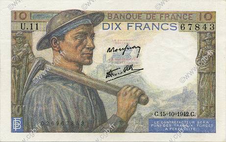 10 Francs MINEUR FRANKREICH  1942 F.08.04 VZ to fST