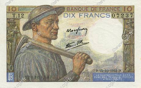 10 Francs MINEUR FRANKREICH  1942 F.08.04 fST