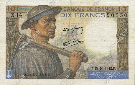 10 Francs MINEUR FRANCE  1942 F.08.04 VF