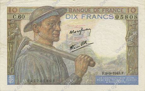 10 Francs MINEUR FRANKREICH  1943 F.08.09 VZ+