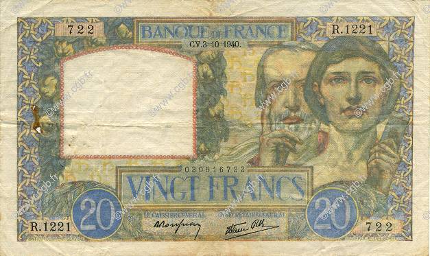 20 Francs TRAVAIL ET SCIENCE FRANKREICH  1940 F.12.08 fSS