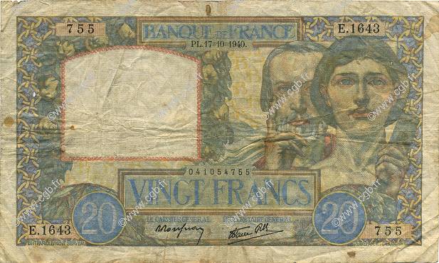 20 Francs TRAVAIL ET SCIENCE FRANKREICH  1940 F.12.09 fS