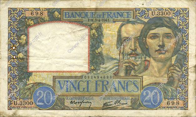 20 Francs TRAVAIL ET SCIENCE FRANCE  1941 F.12.13 VF