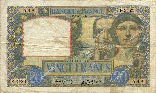 20 Francs TRAVAIL ET SCIENCE FRANCIA  1941 F.12.13 q.BB