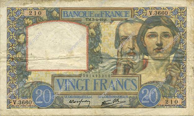 20 Francs TRAVAIL ET SCIENCE FRANCE  1941 F.12.13 VF-