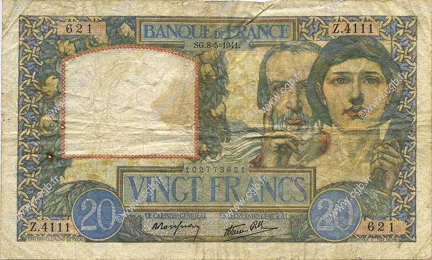 20 Francs TRAVAIL ET SCIENCE FRANCIA  1941 F.12.14 MB