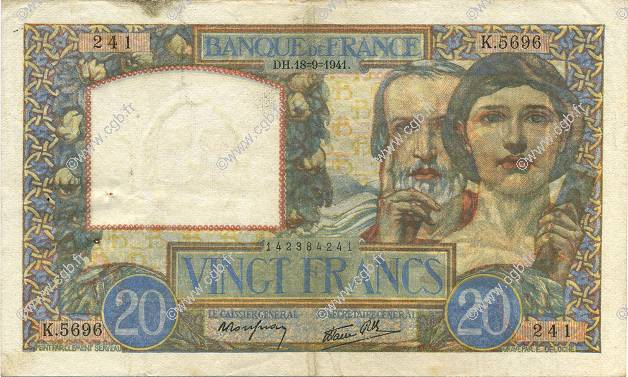 20 Francs TRAVAIL ET SCIENCE FRANCIA  1941 F.12.18 MBC a EBC