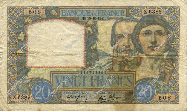 20 Francs TRAVAIL ET SCIENCE FRANCE  1941 F.12.19 F+