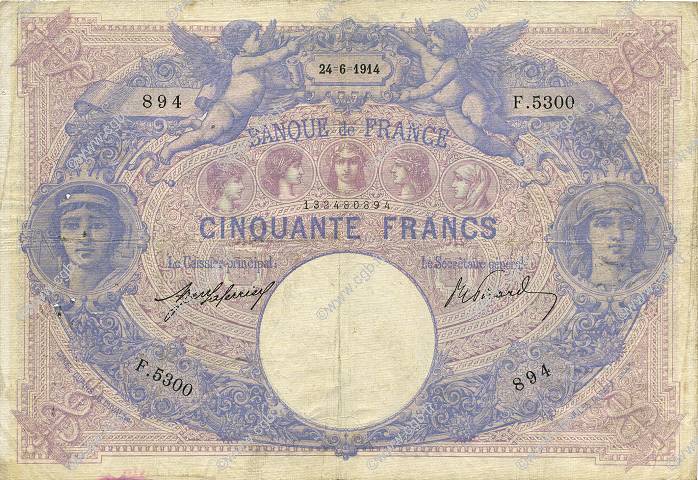 50 Francs BLEU ET ROSE FRANKREICH  1914 F.14.27 S