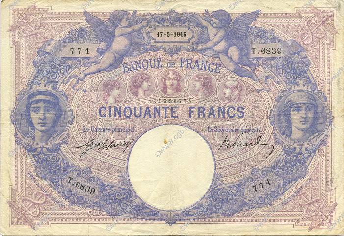 50 Francs BLEU ET ROSE FRANCE  1916 F.14.29 VF-