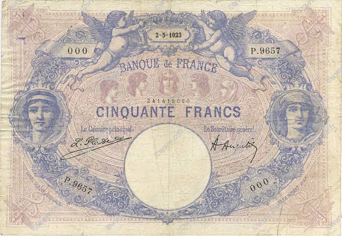 50 Francs BLEU ET ROSE Numéro spécial FRANCIA  1923 F.14.36 BC