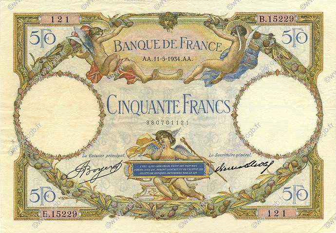 50 Francs LUC OLIVIER MERSON type modifié FRANCIA  1934 F.16.05 SPL+