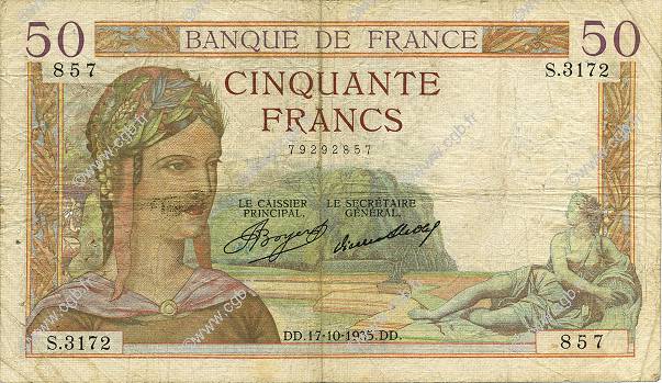 50 Francs CÉRÈS FRANCIA  1935 F.17.18 q.MB