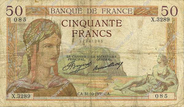 50 Francs CÉRÈS FRANKREICH  1935 F.17.19 SGE