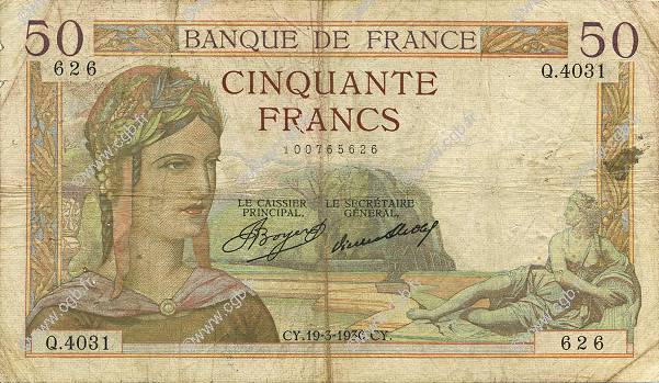 50 Francs CÉRÈS FRANKREICH  1936 F.17.23 fS