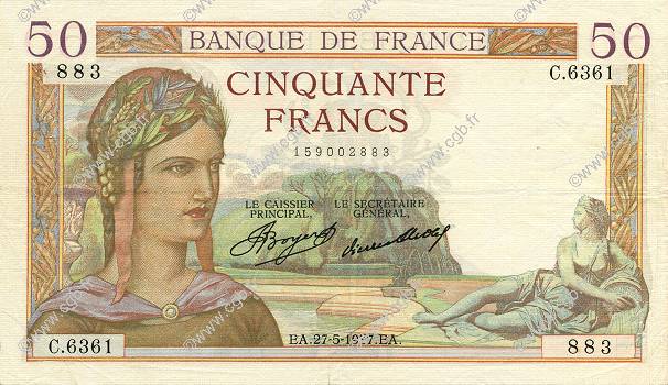 50 Francs CÉRÈS FRANCIA  1937 F.17.39 MBC+