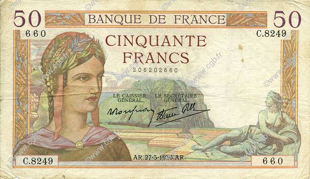 50 Francs CÉRÈS modifié FRANCIA  1938 F.18.13 BC+