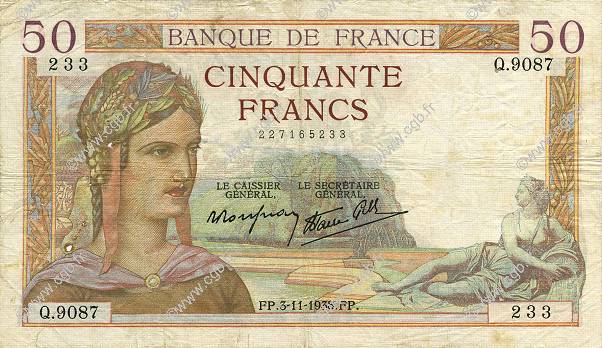 50 Francs CÉRÈS modifié FRANCE  1938 F.18.18 F