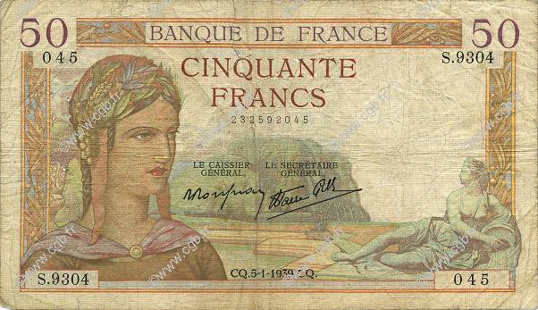 50 Francs CÉRÈS modifié FRANKREICH  1939 F.18.19 SGE