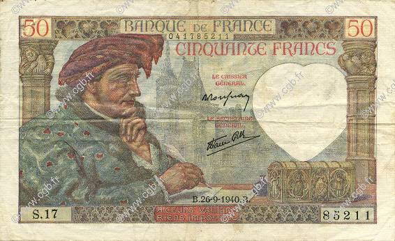 50 Francs JACQUES CŒUR FRANCE  1940 F.19.03 VF