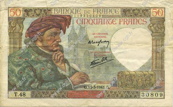 50 Francs JACQUES CŒUR FRANCE  1941 F.19.07 TTB