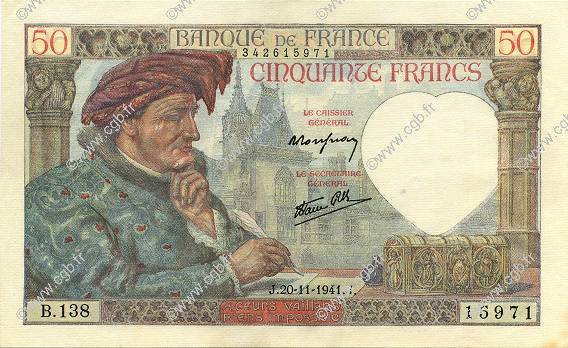 50 Francs JACQUES CŒUR FRANCE  1941 F.19.16 SUP+