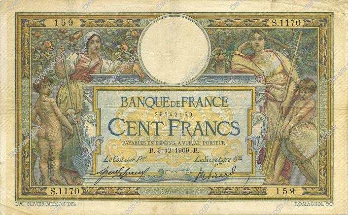 100 Francs LUC OLIVIER MERSON sans LOM FRANCIA  1909 F.23.01 BC+