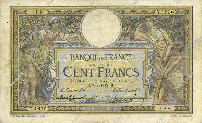 100 Francs LUC OLIVIER MERSON sans LOM FRANCIA  1912 F.23.04 RC+