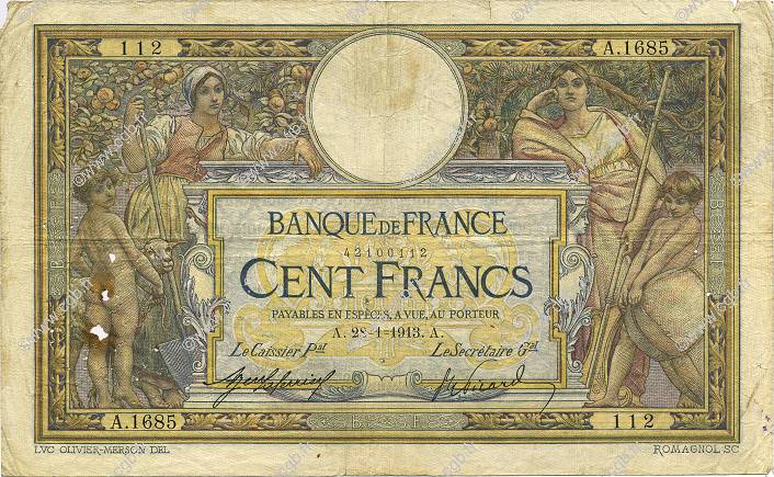 100 Francs LUC OLIVIER MERSON sans LOM FRANKREICH  1913 F.23.05 SGE