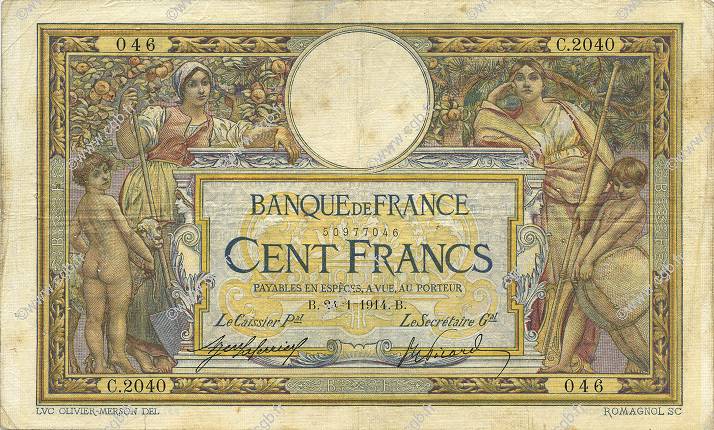 100 Francs LUC OLIVIER MERSON sans LOM FRANCIA  1914 F.23.06 BC
