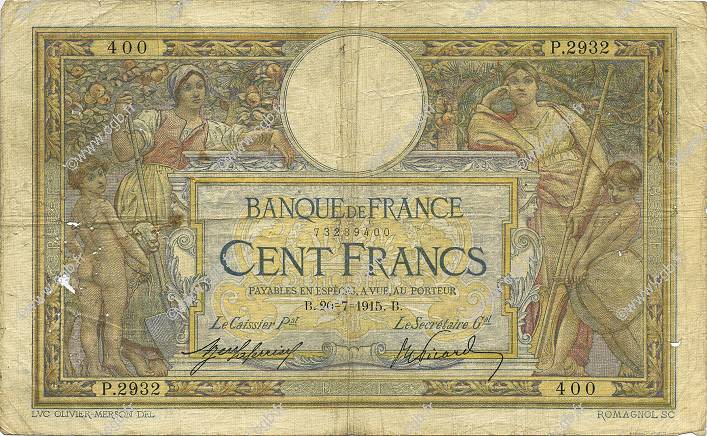 100 Francs LUC OLIVIER MERSON sans LOM FRANKREICH  1915 F.23.07 fSGE