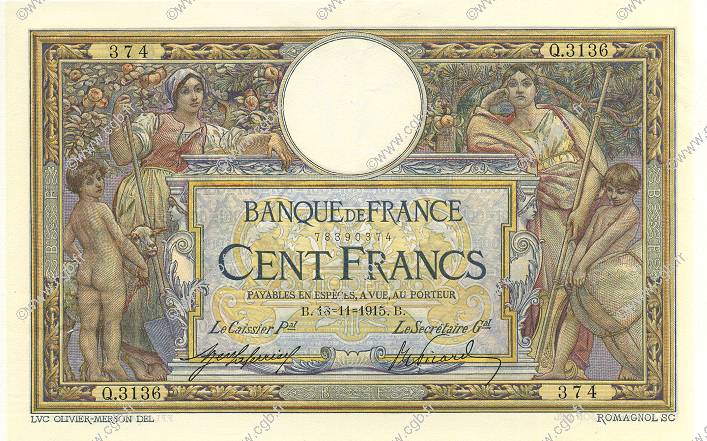 100 Francs LUC OLIVIER MERSON sans LOM FRANCIA  1915 F.23.07 SPL a AU