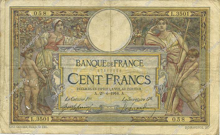 100 Francs LUC OLIVIER MERSON sans LOM FRANCE  1916 F.23.08 G