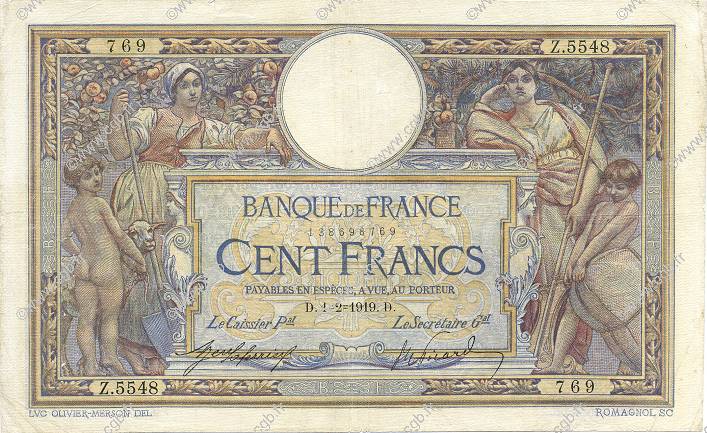 100 Francs LUC OLIVIER MERSON sans LOM FRANCIA  1919 F.23.11 MB