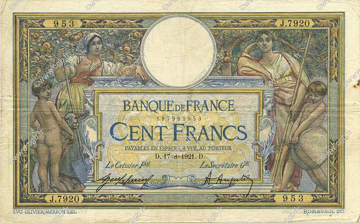 100 Francs LUC OLIVIER MERSON sans LOM FRANCE  1921 F.23.14 F - VF